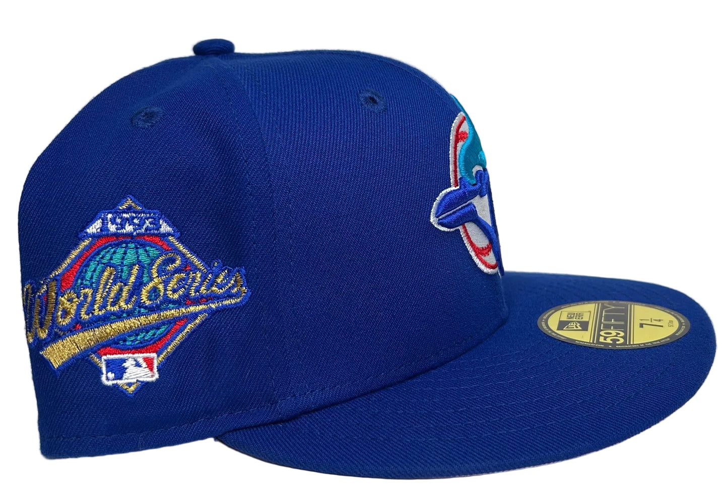 New Era Toronto Blue Jays 1993 World Series 59FIFTY Fitted Hat featuring the team's iconic embroidered blue jay logo on the front & Pink UV.