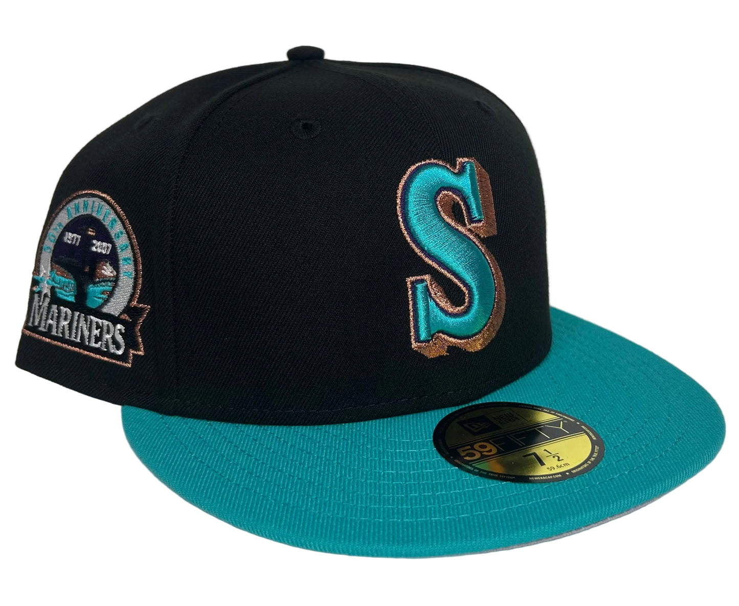 New Era Seattle Mariners 30th Anniversary Fitted Hat featuring a prominent teal brim.
