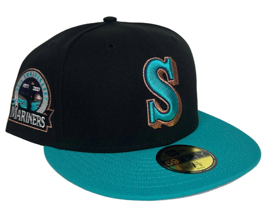 New Era Seattle Mariners 30th Anniversary Fitted Hat featuring a prominent teal brim.