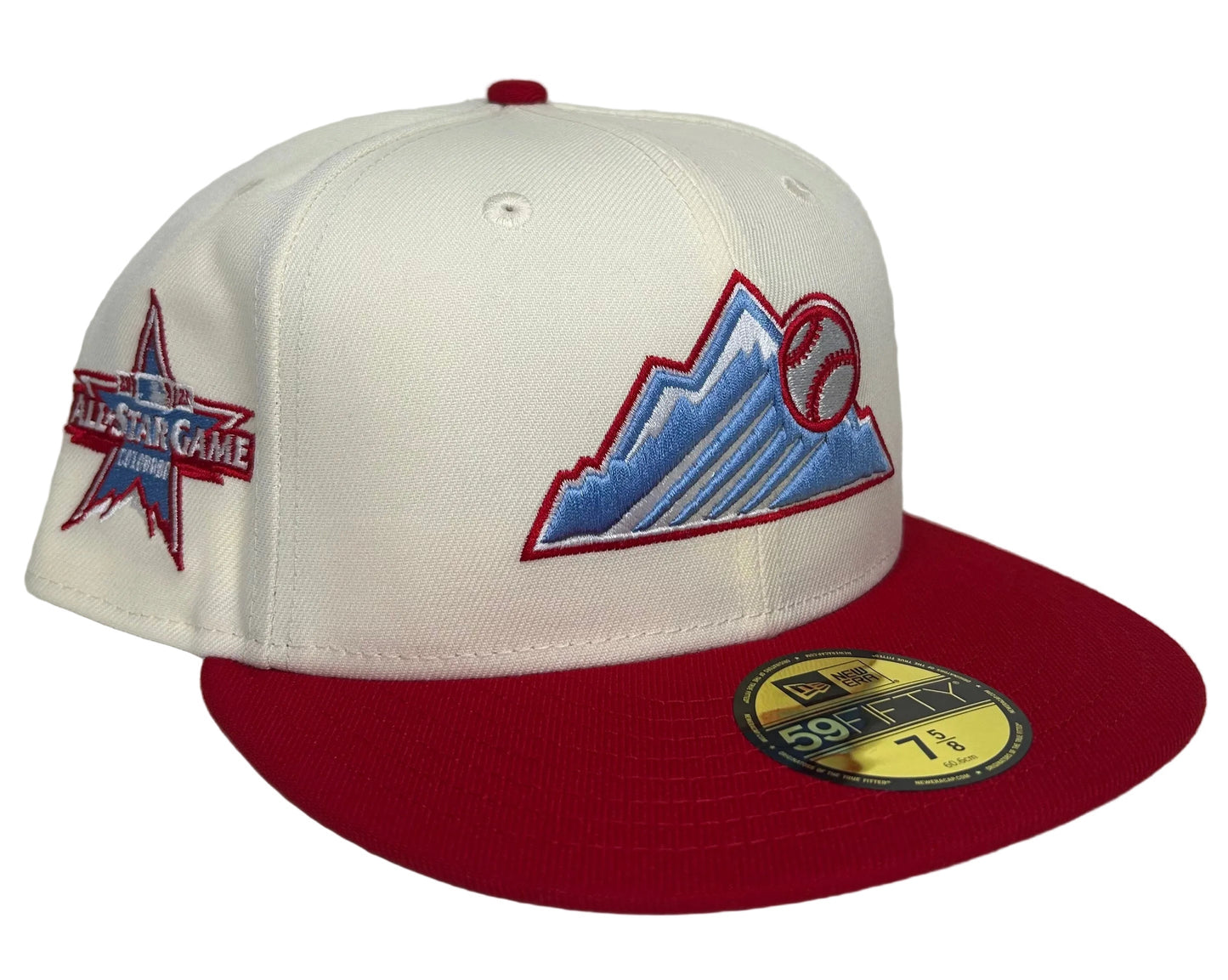 New Era 59Fifty fitted Colorado Rockies white crown and a red visor with a 2021 All-Star Game patch.