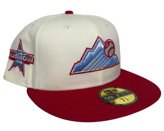 New Era 59Fifty fitted Colorado Rockies white crown and a red visor with a 2021 All-Star Game patch.