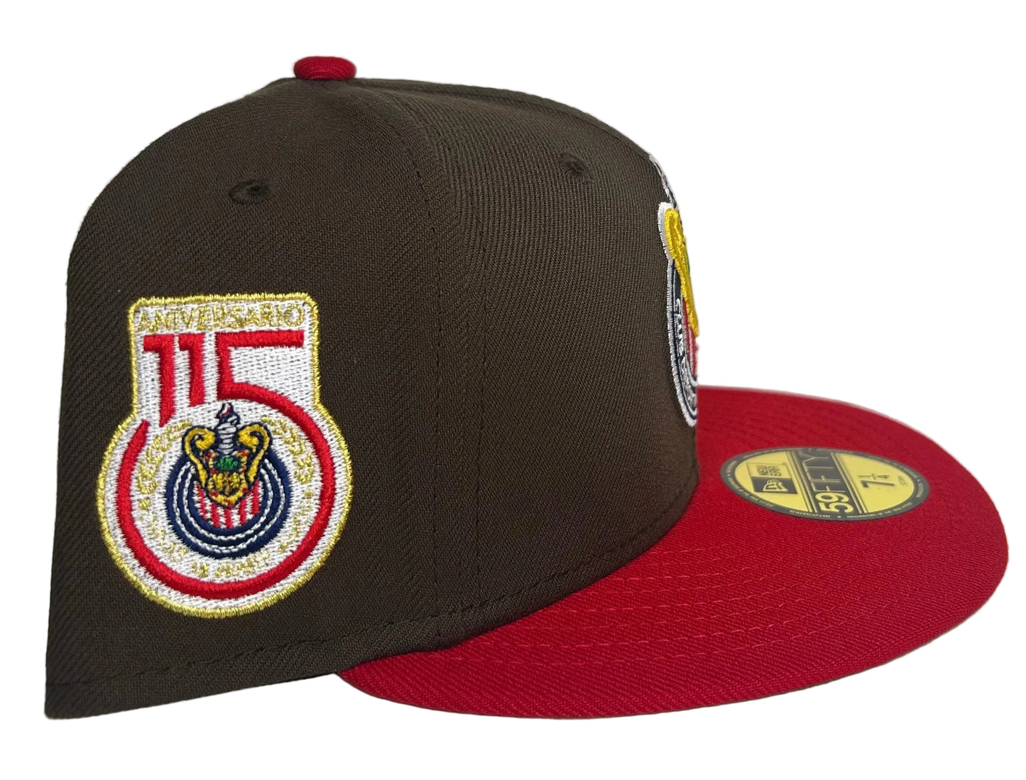 New Era 59FIFTY Chivas de Guadalajara mocha and red fitted cap featuring a Liga Mexico 115th-anniversary patch.
