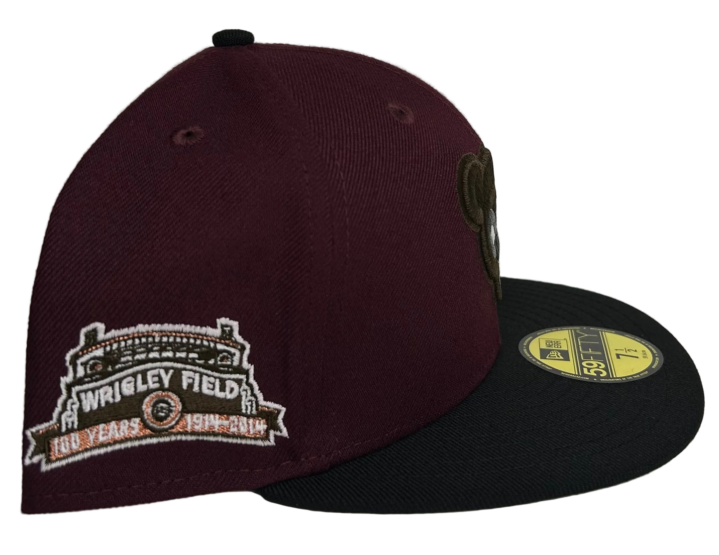 New Era 59FIFTY Chicago Cubs fitted hat features a maroon crown, black visor, and a special patch commemorating 100 years of Wrigley Field.