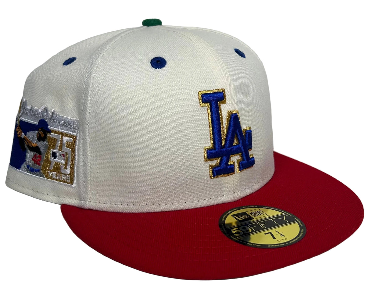 Los Angeles Dodgers New Era 59FIFTY fitted hat with an off-white crown, red visor & a commemorative side patch.