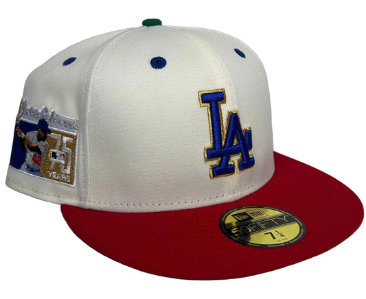 Los Angeles Dodgers New Era 59FIFTY fitted hat with an off-white crown, red visor & a commemorative side patch.