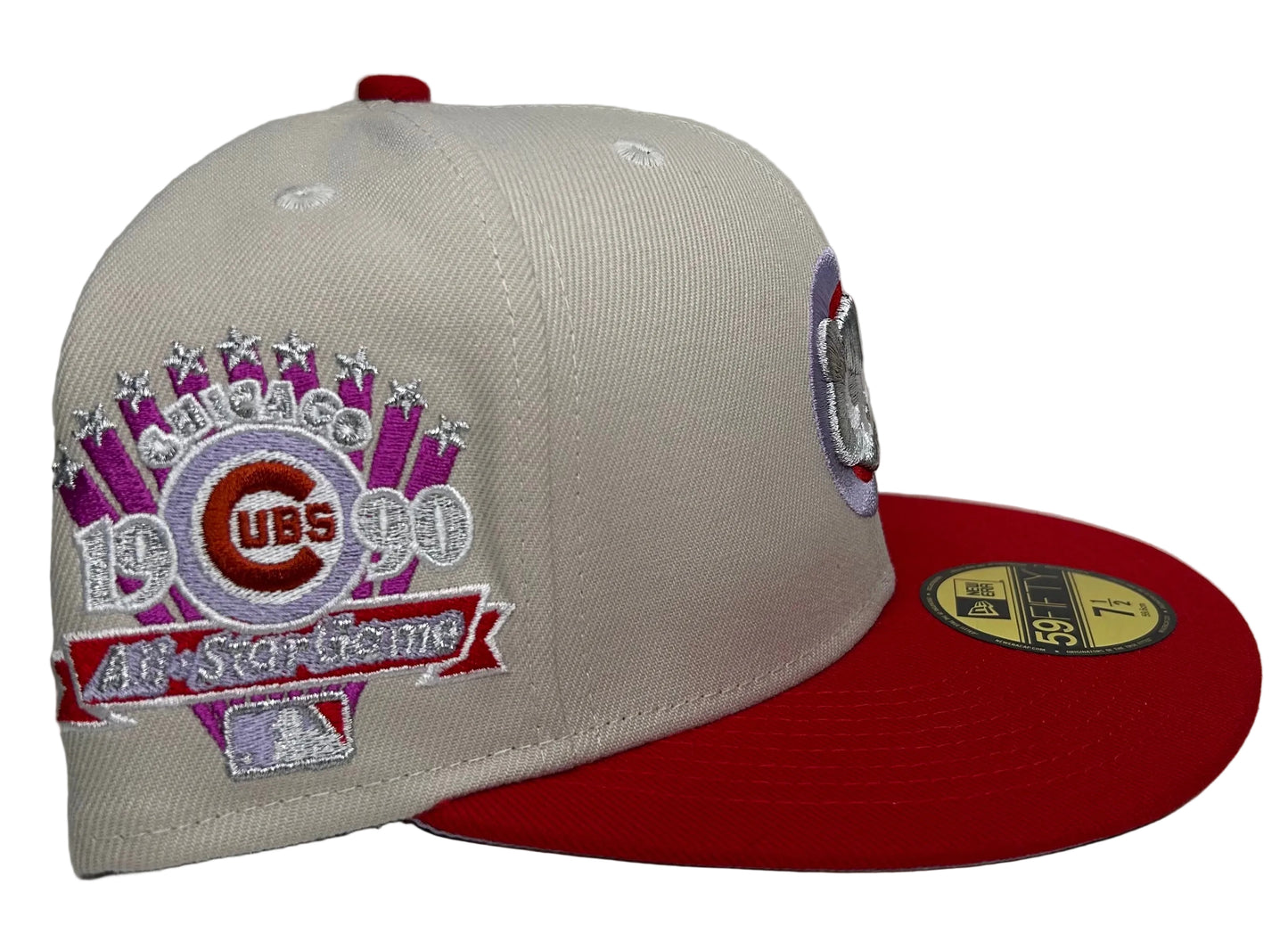 Chicago Cubs New Era 59FIFTY fitted hat By: Vav Fitteds “Gohan 2.0” featuring a contrasting red brim and a 1990 All-Star Game side patch.