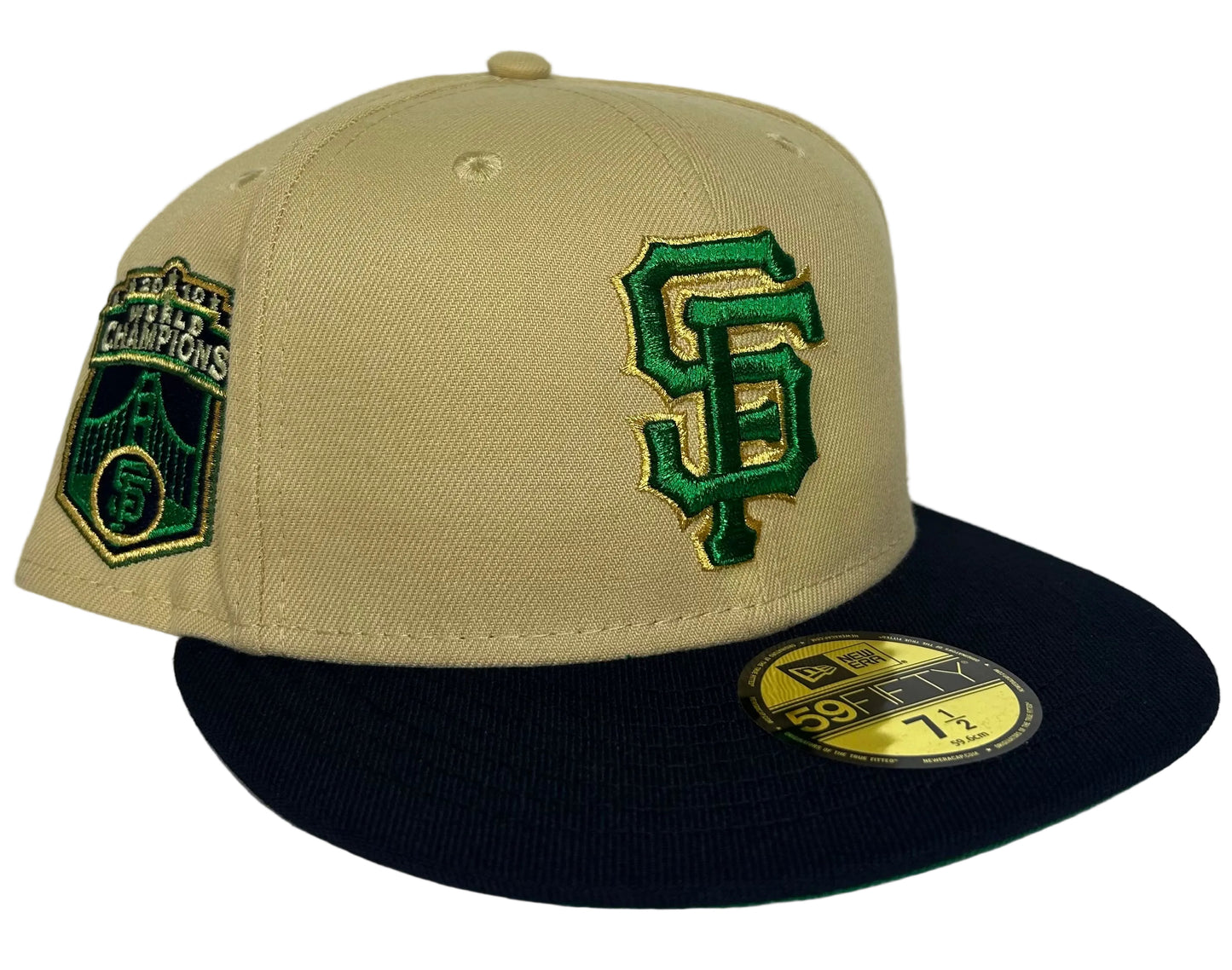 New Era 59FIFTY San Francisco Giants "Bank Roll" fitted hat featuring a khaki crown, navy visor, and green embroidered logo details.