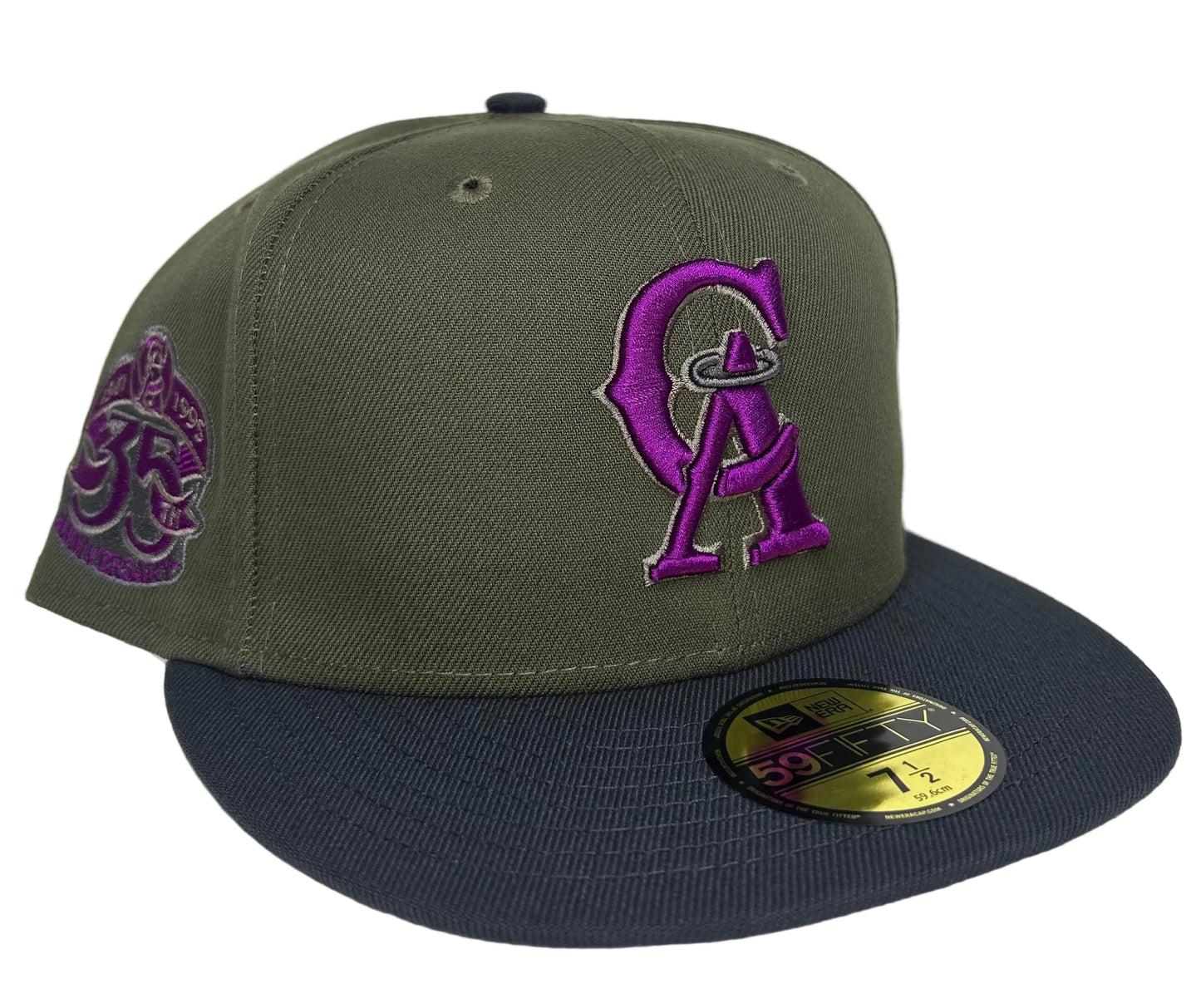 New Era California Angels 59FIFTY fitted cap from the "Mossy Haze" collection, featuring a prominent purple embroidered CA logo.