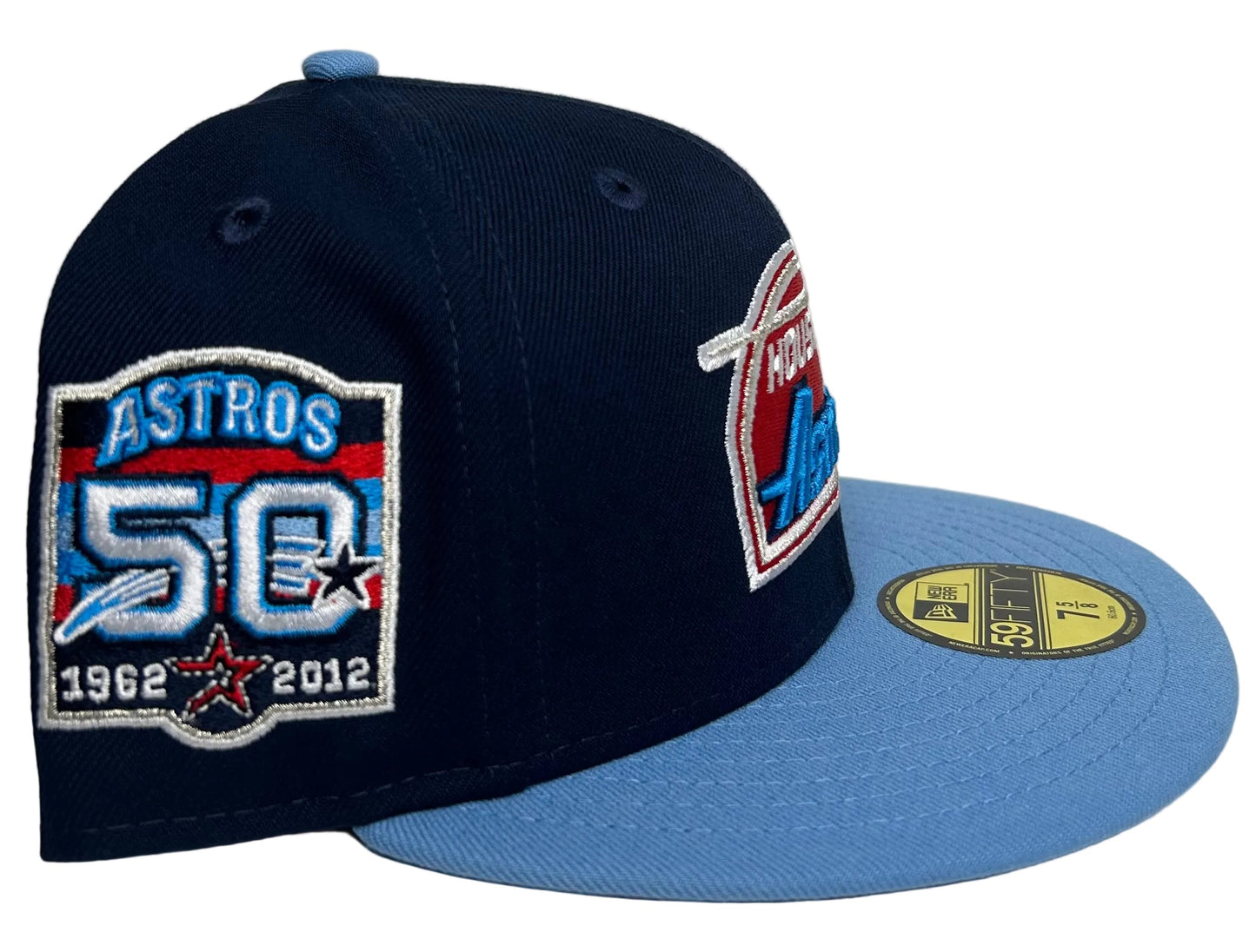 Houston Astros 50th Anniversary Patch 59Fifty Fitted Hat, featuring a navy crown, light blue brim, and a side patch commemorating the team's 50th anniversary (1962–2012).