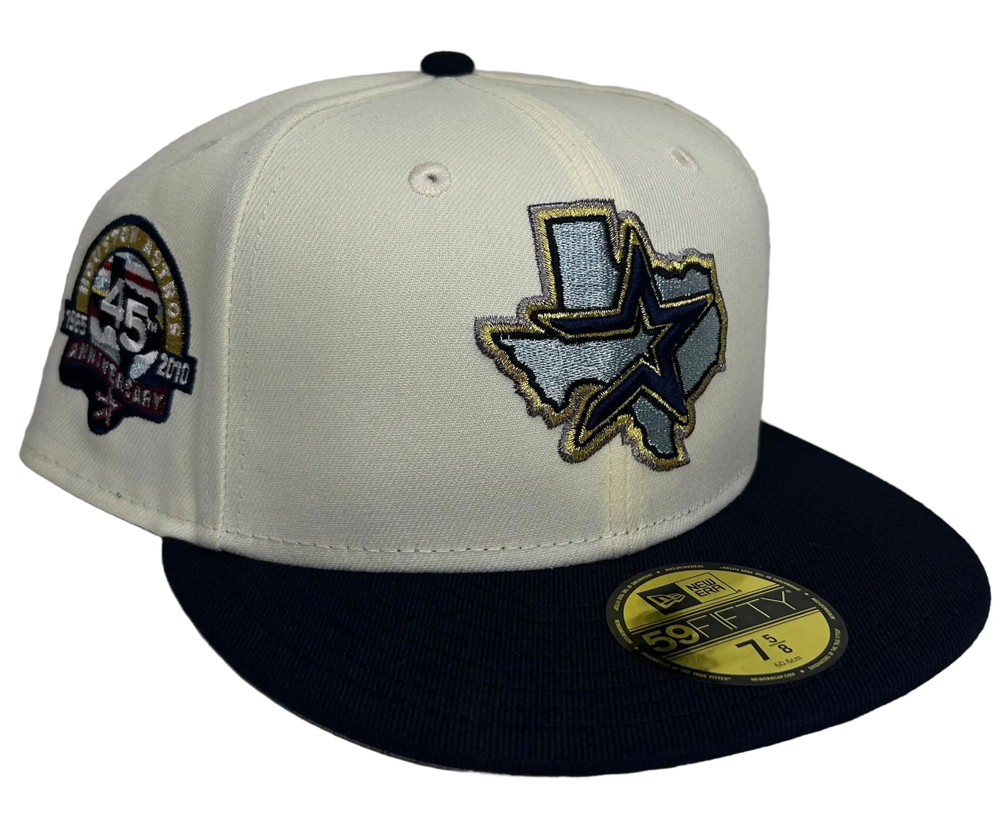 New Era Houston Astros 45th Anniversary Navy two-tone 59FIFTY fitted hat with a metallic Texas-shaped logo.