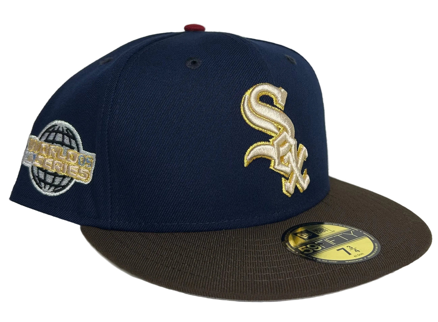 New Era Chicago White Sox 59FIFTY fitted hat with a navy blue crown, brown visor, and a gold World Series side patch.