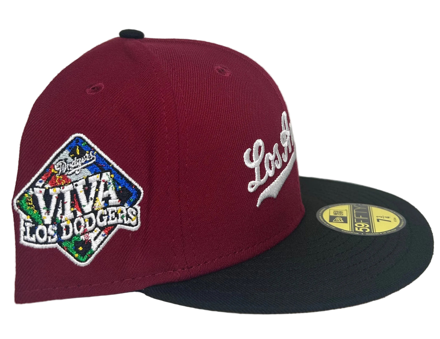 New Era 59FIFTY Los Angeles Dodgers "Viva Los Dodgers" fitted hat, which features a red crown, a black visor, and a special side patch commemorating the team.