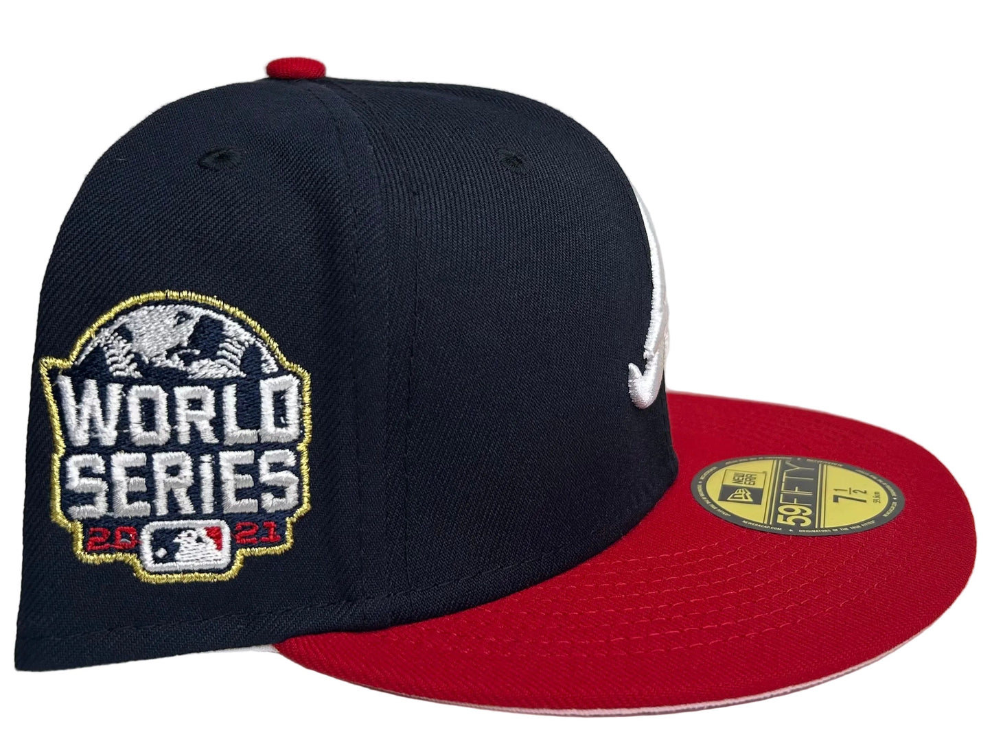New Era Atlanta Braves 59FIFTY Fitted Hat W/ a pink UV & celebrating their 2021 World Series championship SP.