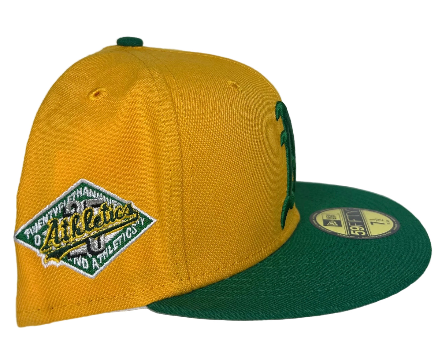 New Era Oakland Athletics 59FIFTY fitted cap featuring a yellow crown, green visor, and a special side patch.