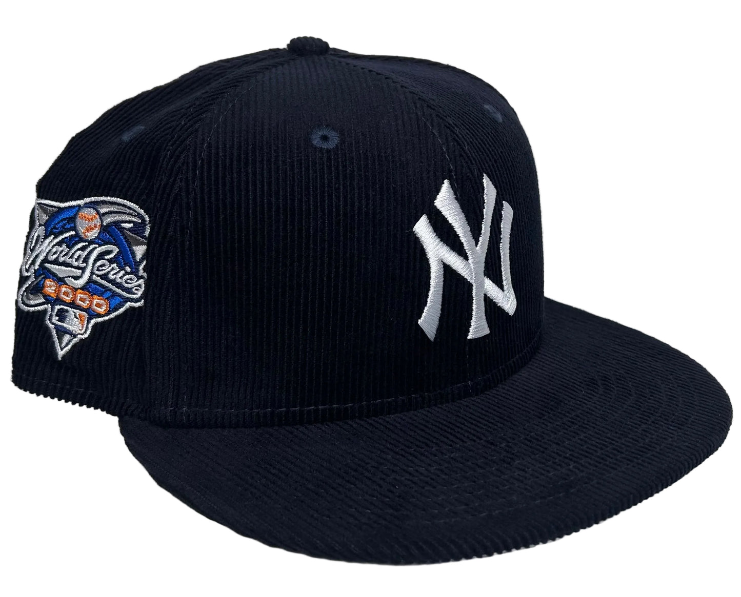 New Era New York Yankees Throwback Corduroy 59FIFTY Fitted Hat in navy blue featuring a 2000 World Series side patch.