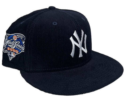 New Era New York Yankees Throwback Corduroy 59FIFTY Fitted Hat in navy blue featuring a 2000 World Series side patch.