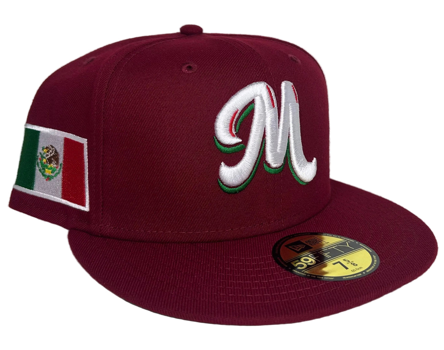 New Era Mexico Serie Del Caribe cardinal red 59Fifty fitted cap features a prominent embroidered "M" and a Mexican flag side patch.
