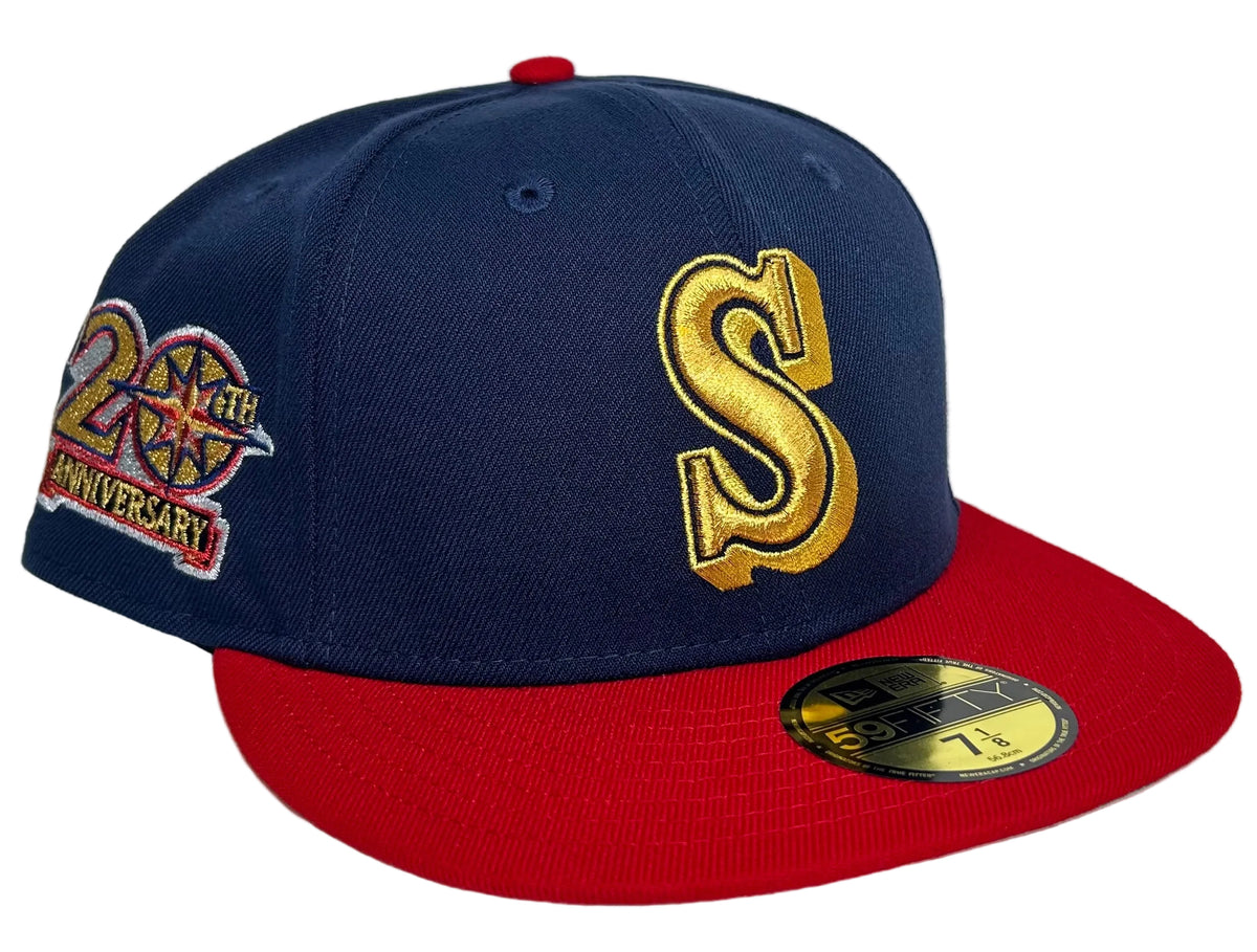 New Era Seattle Mariners 59FIFTY fitted hat with a gold trident "S" logo on the front and a 20th Anniversary side patch.