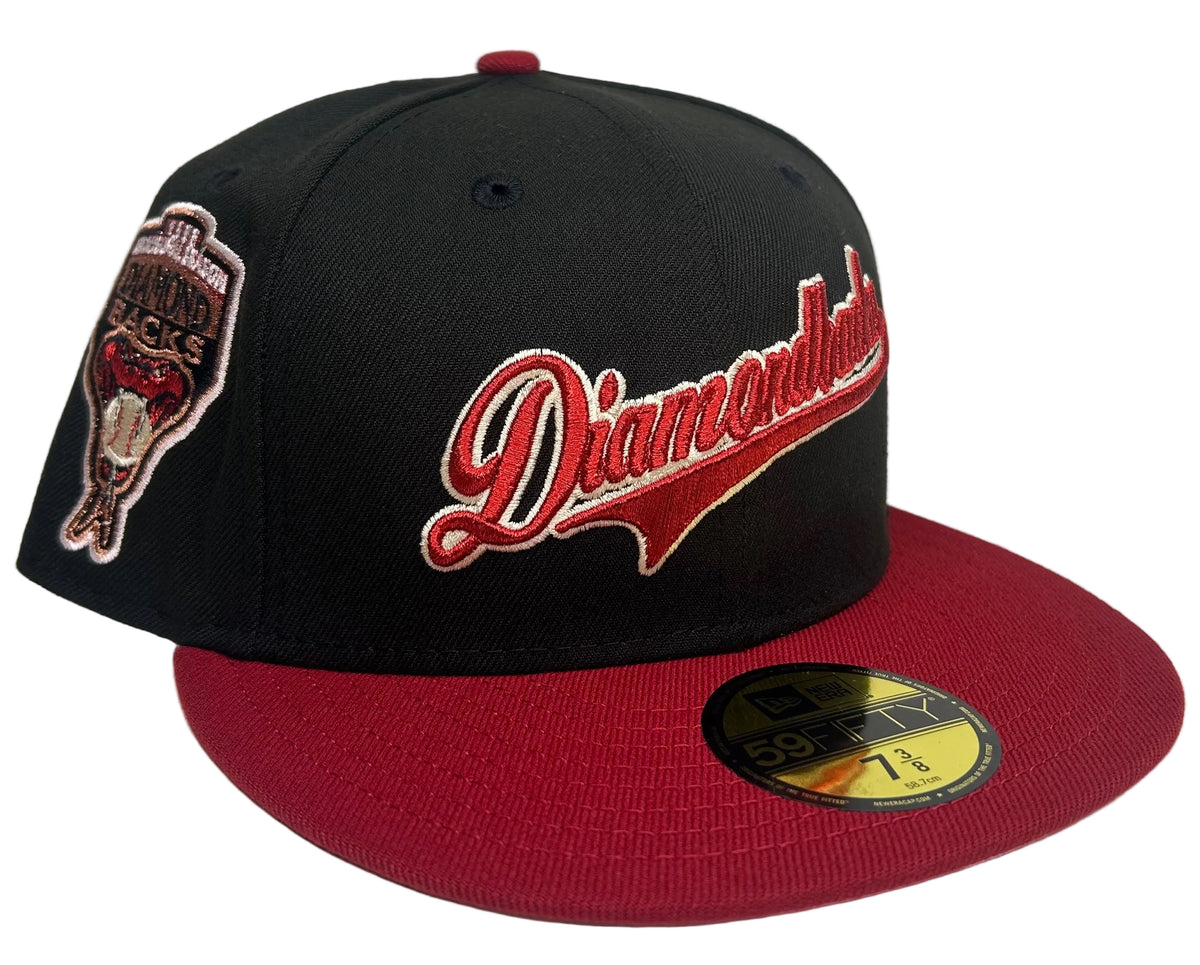 New Era 59FIFTY Arizona Diamondbacks Script By: 2PieceNat  “Desert Sunrise” fitted hat, featuring a black crown, cardinal red visor, and a 1998 Inaugural Season side patch & a Pink UV.