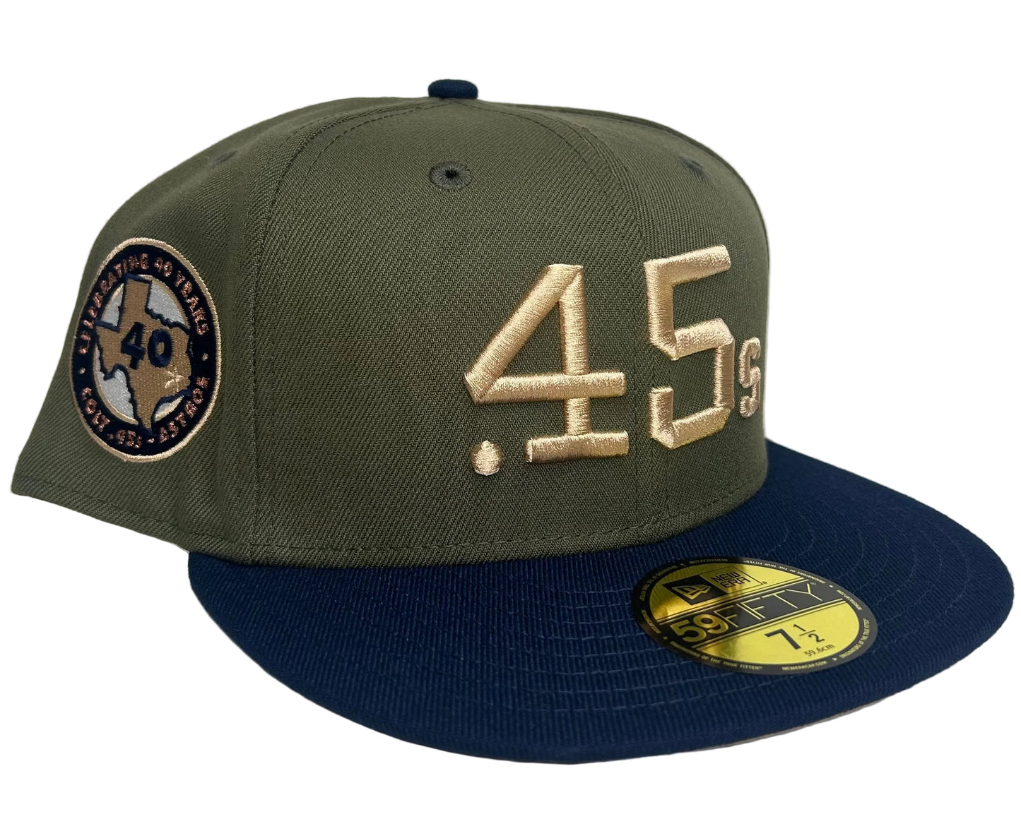 New Era 59FIFTY fitted hat features an embroidered "45's" logo in metallic gold on an olive green crown with a navy blue visor.