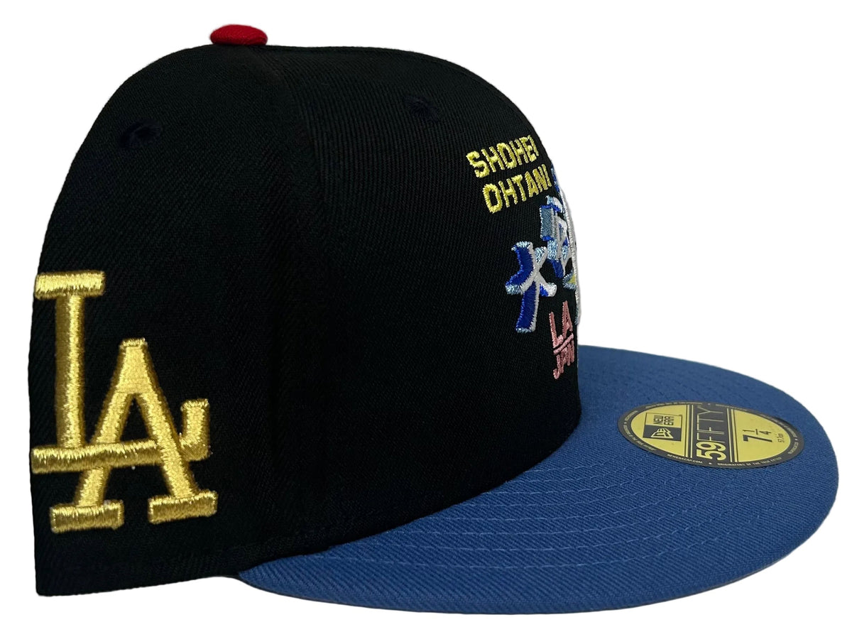 Los Angeles Dodgers Shohei Ohtani anime-themed 59FIFTY fitted hat with a black crown and blue visor.