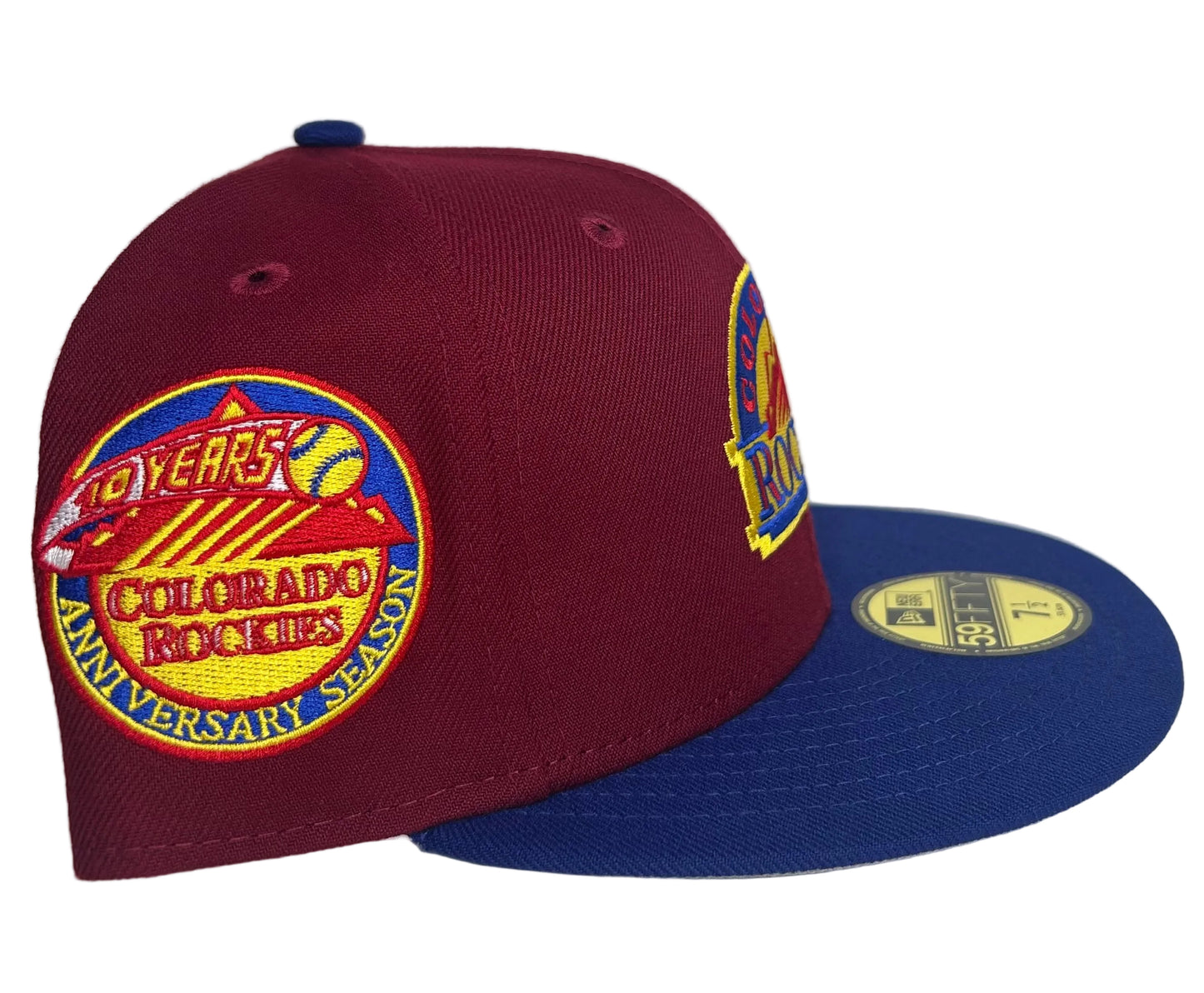 New Era Colorado Rockies Sangria 10th Anniversary Patch Logo HC Exclusive 59Fifty Fitted Hat.