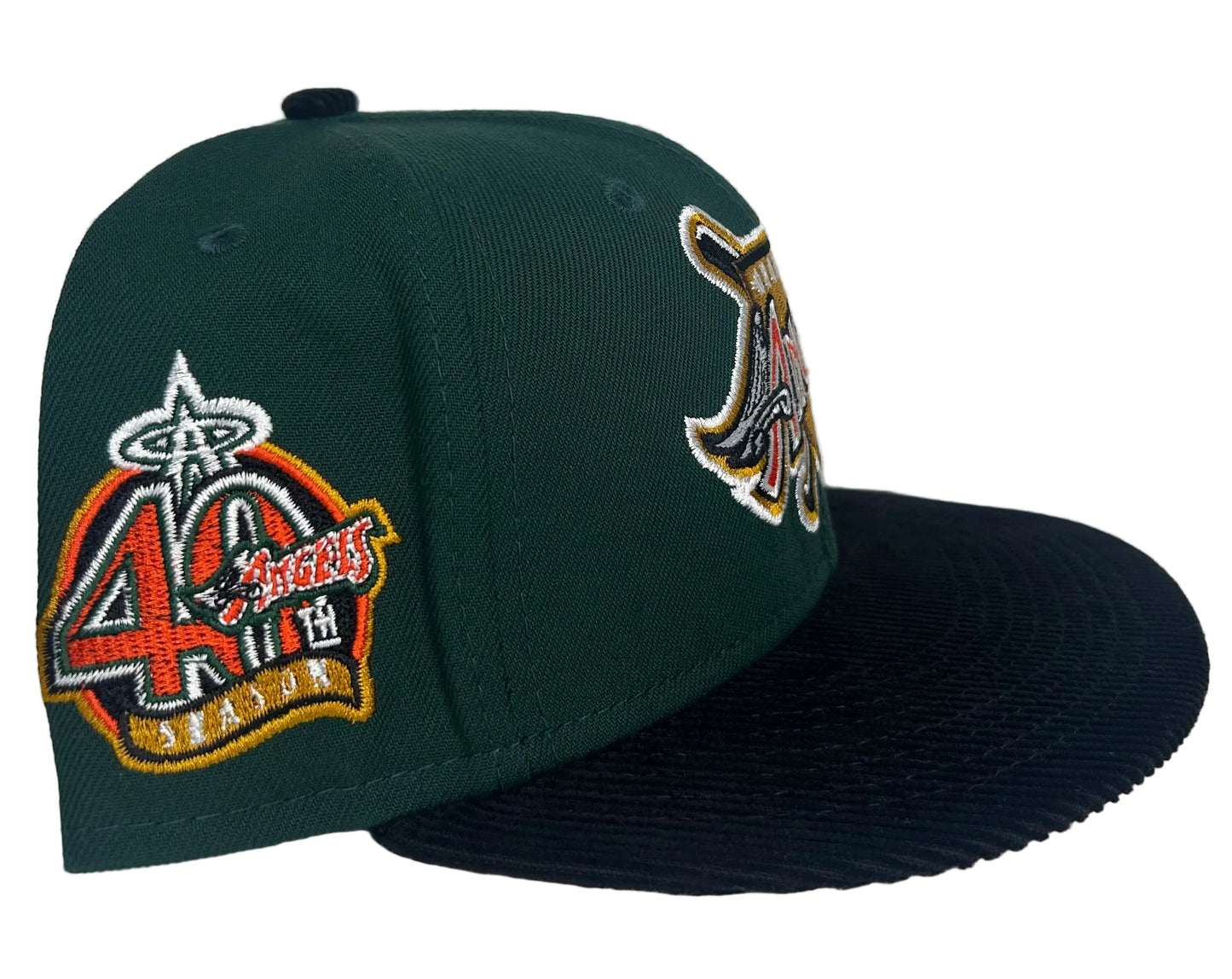 New Era Anaheim Angels Green & Black corduroy 59Fifty fitted cap with a 40th season side patch.