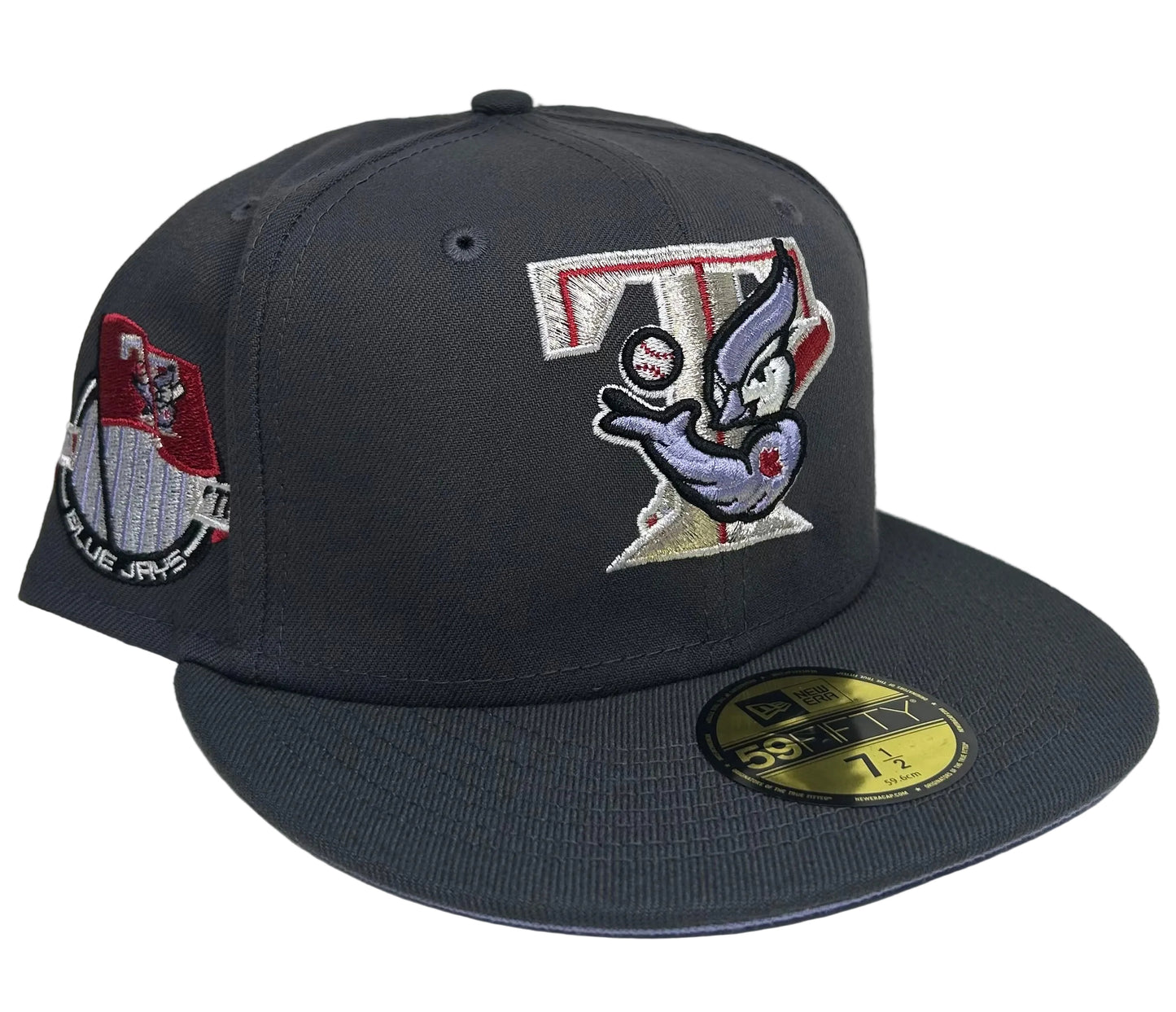 New Era Toronto Blue Jays fitted hat, featuring a special embroidered team logo on the front and a 30th-anniversary patch on the side.