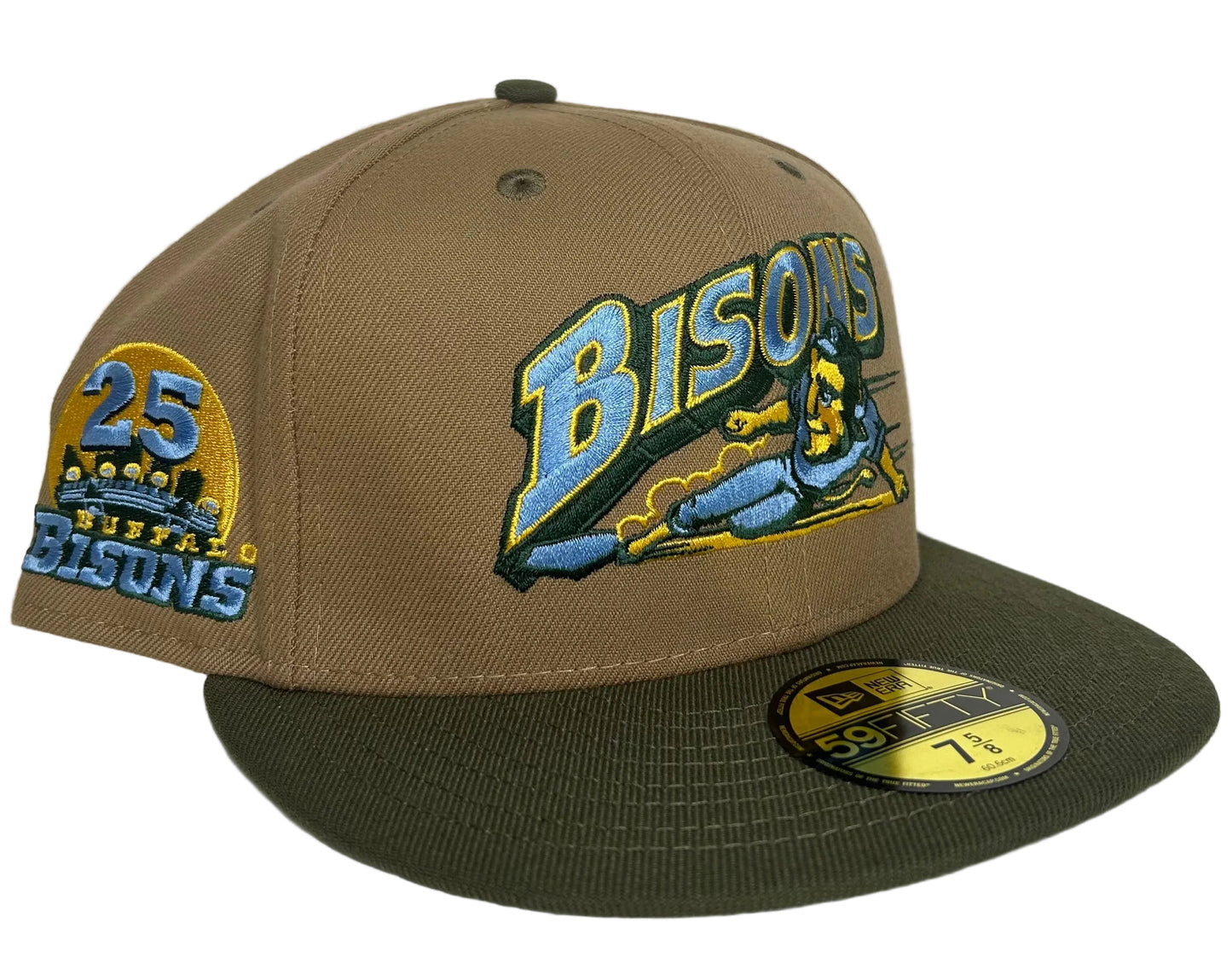 New Era Buffalo Bisons Lamar Valley collection fitted hat features a khaki crown and an olive green visor.