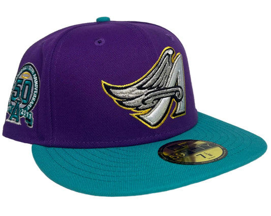 New Era 59Fifty Los Angeles Angels fitted hat in a purple and teal colorway featuring a 50th Anniversary side patch.