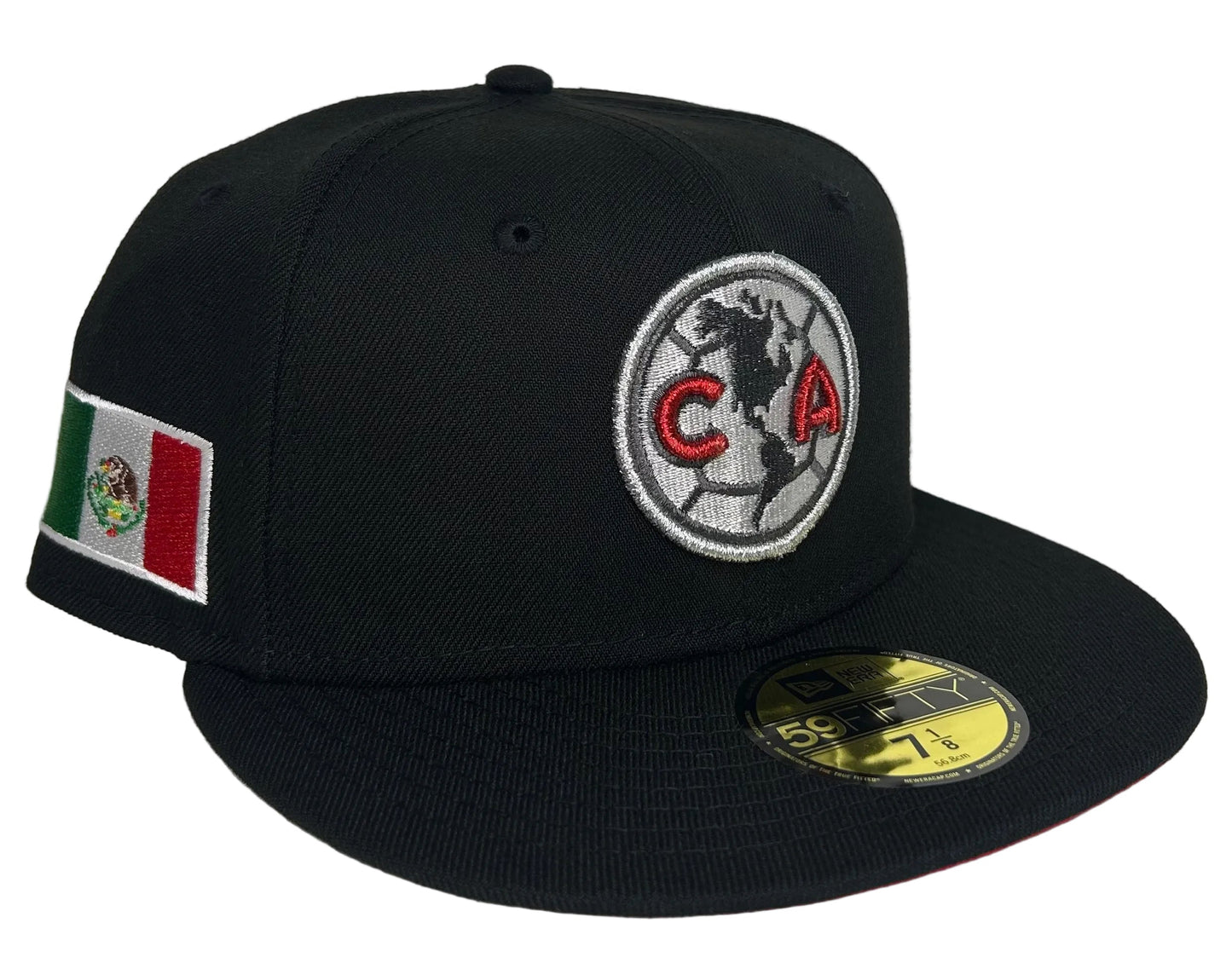 New Era Club America 59Fifty fitted cap is black with a silver embroidered team logo and a Mexico flag patch.