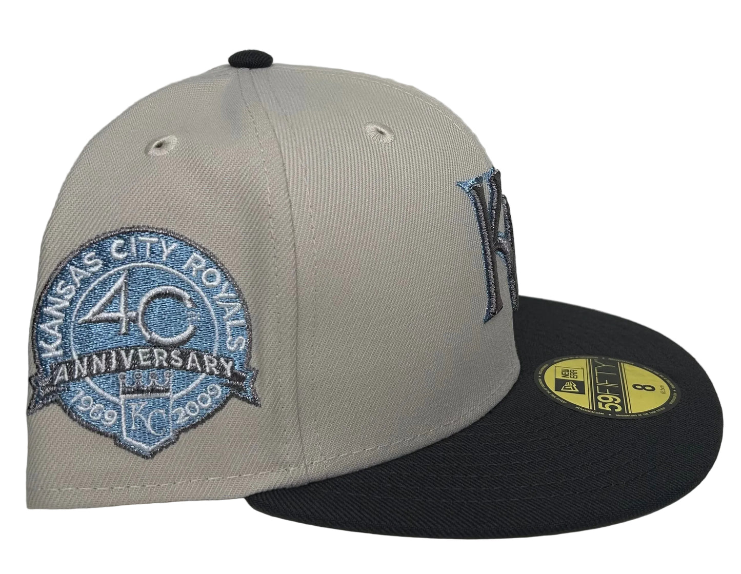 New Era Kansas City Royals 40th Anniversary Prime Metallic Two-Tone 59FIFTY fitted hat, featuring an iced-out metallic KC front logo and a commemorative 40th-anniversary side patch.