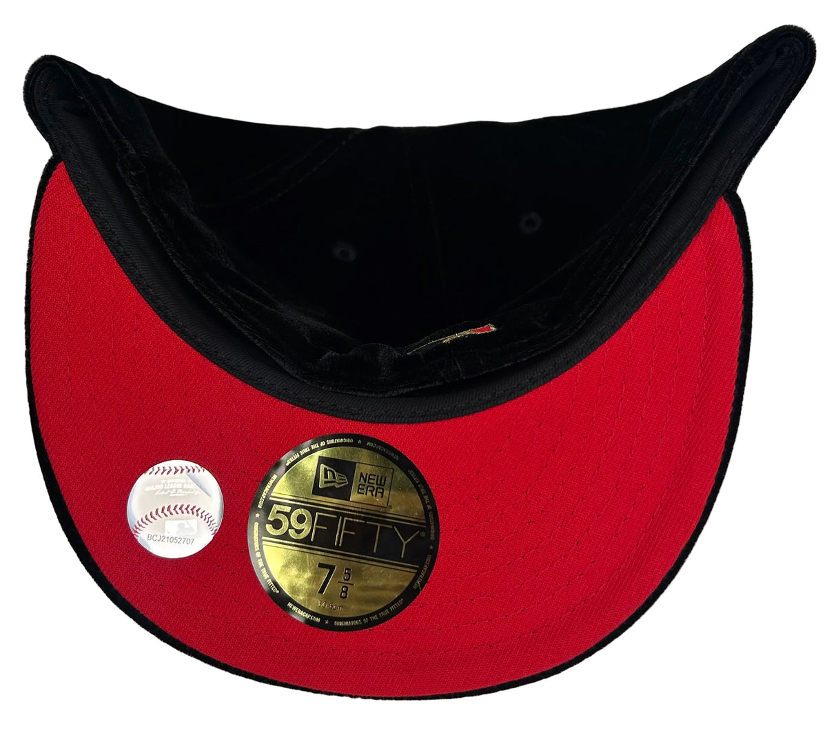 New Era Los Angeles Angels Black Velvet & Red UV 50th Anniversary fitted hat features a black crown, embroidered gold and red team logo, and a side patch celebrating the team's anniversary.