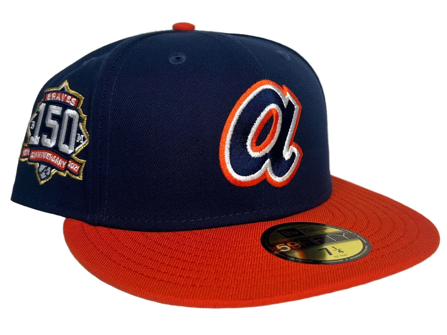 Atlanta Braves New Era 59FIFTY fitted hat, specifically featuring a navy crown, orange visor, and a 150th Anniversary side patch. 