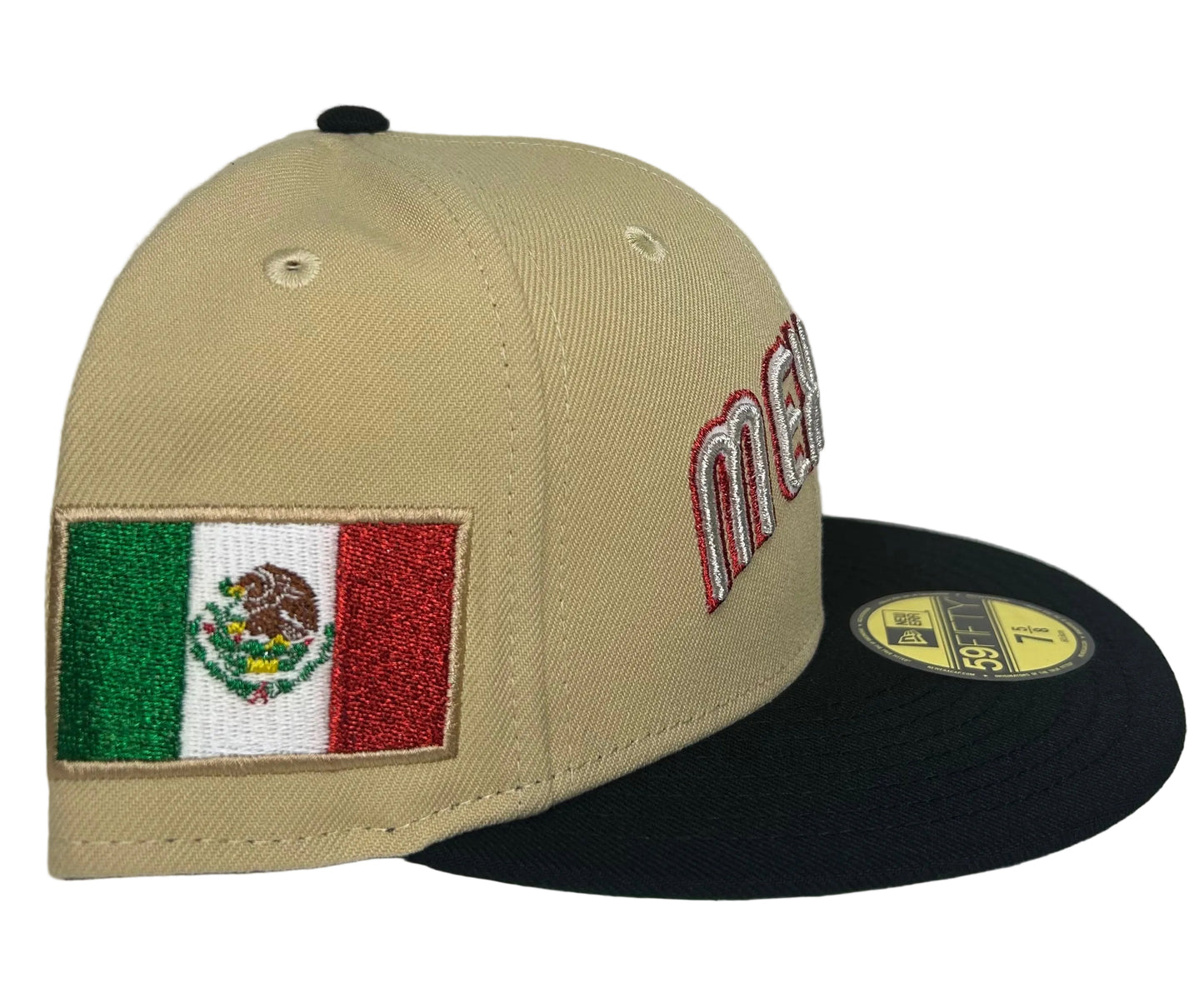 New Era 59FIFTY Mexico fitted hat features a khaki crown, black visor, and a Mexican flag patch on the side.