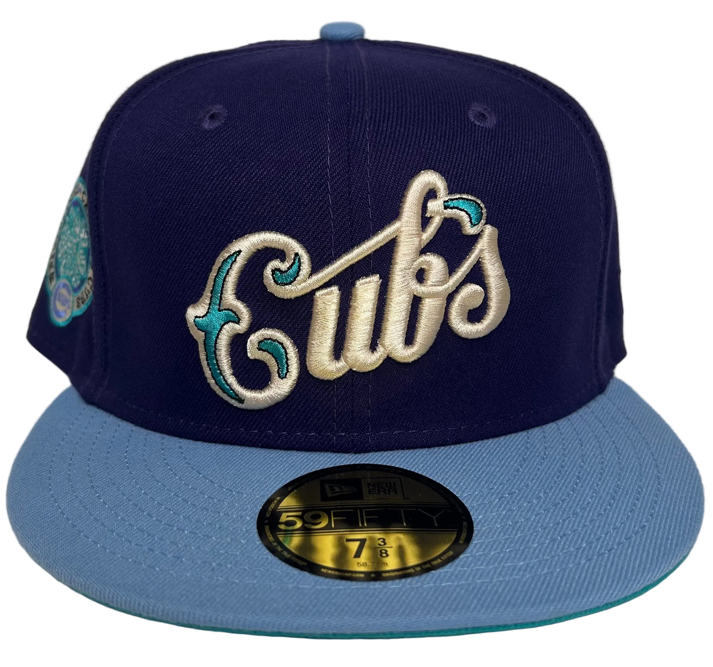 New Era Chicago Cubs 59Fifty fitted hat, featuring a purple crown, light blue visor, and a Wrigley Field side patch.