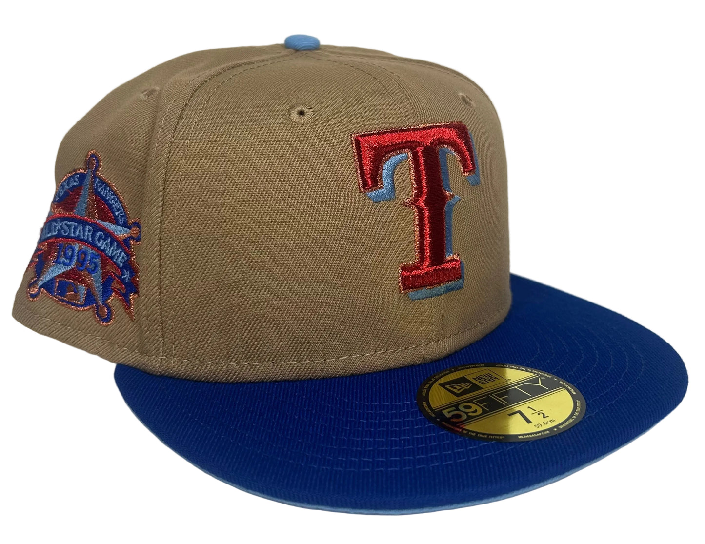 New Era Texas Rangers 59FIFTY fitted hat features a khaki crown, a royal blue brim, and a 1995 All-Star Game side patch.