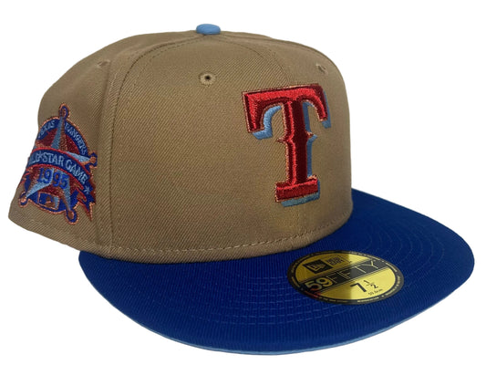 New Era Texas Rangers 59FIFTY fitted hat features a khaki crown, a royal blue brim, and a 1995 All-Star Game side patch.