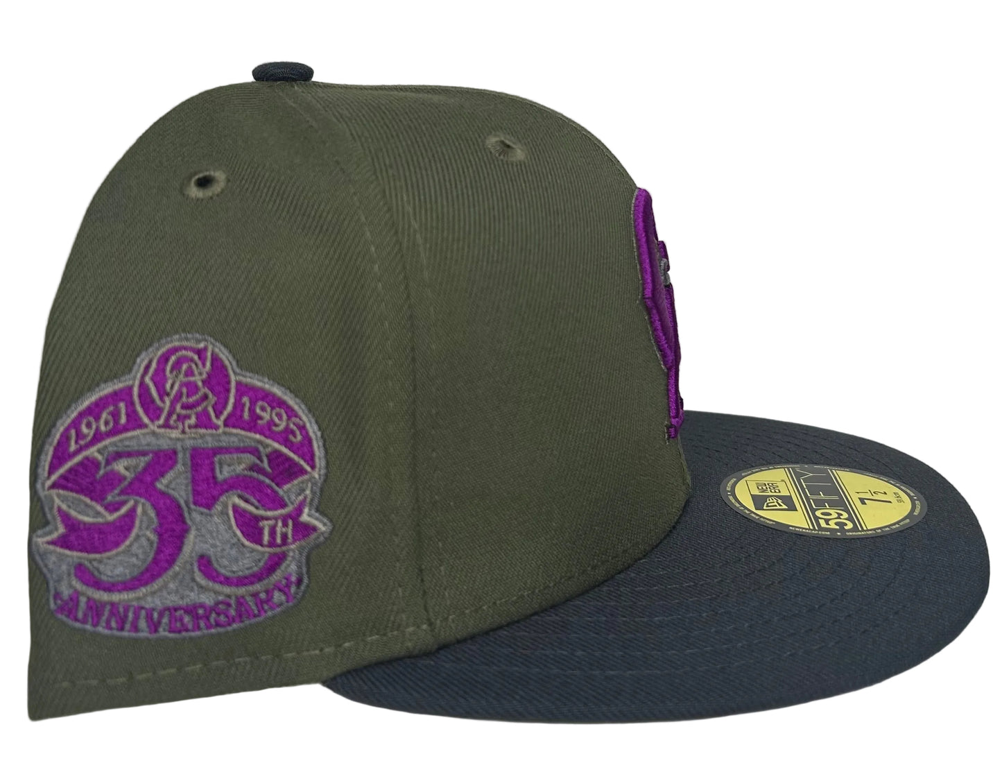 New Era California Angels 59FIFTY fitted cap from the "Mossy Haze" collection, featuring a prominent purple embroidered CA logo.