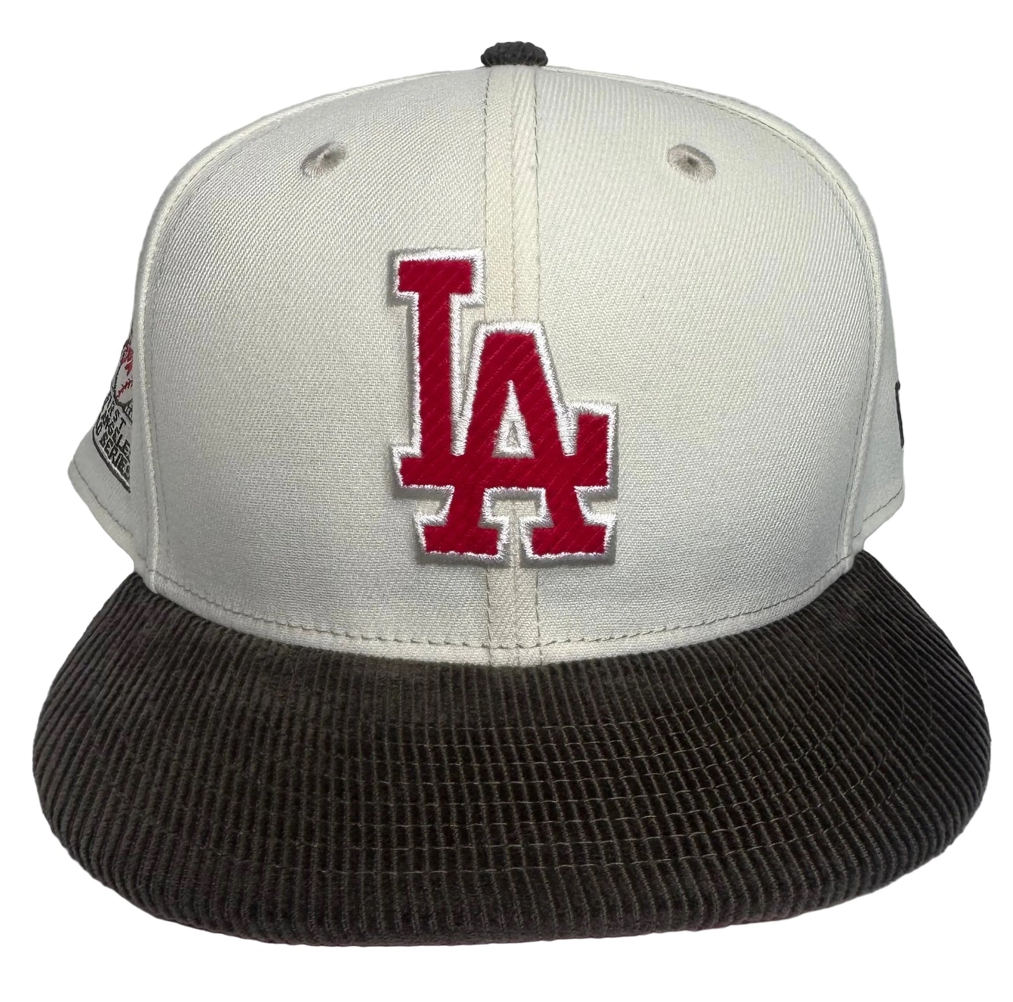 Los Angeles Dodgers Chrome Olive Corduroy 1st LA WS Patch Red Corduroy UV 59FIFTY Fitted Hat.