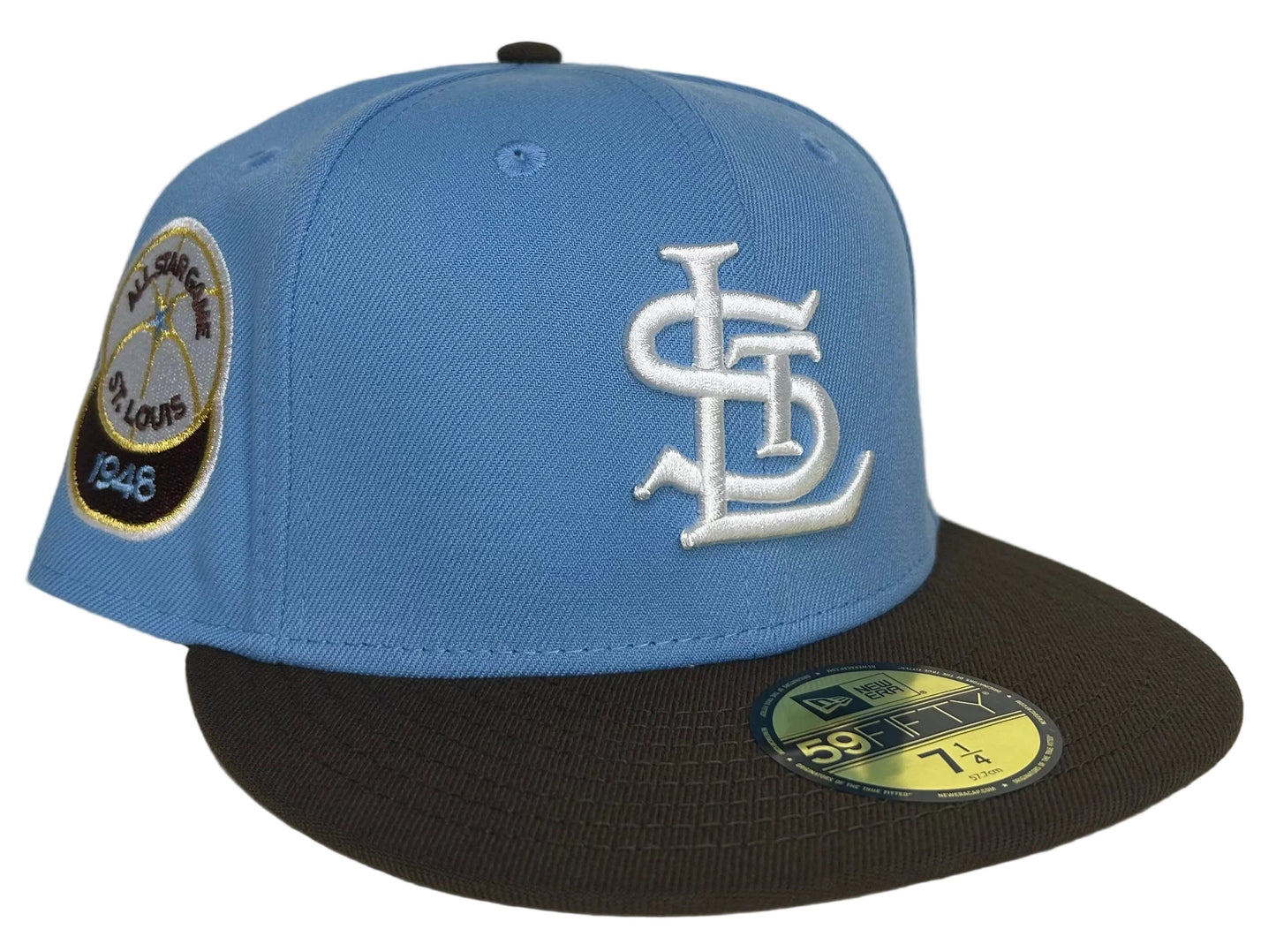 New Era St. Louis Cardinals 59FIFTY fitted hat featuring a light blue crown, dark brown visor, and a 1948 All-Star Game side patch.