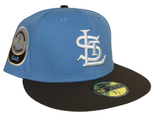 New Era St. Louis Cardinals 59FIFTY fitted hat featuring a light blue crown, dark brown visor, and a 1948 All-Star Game side patch.