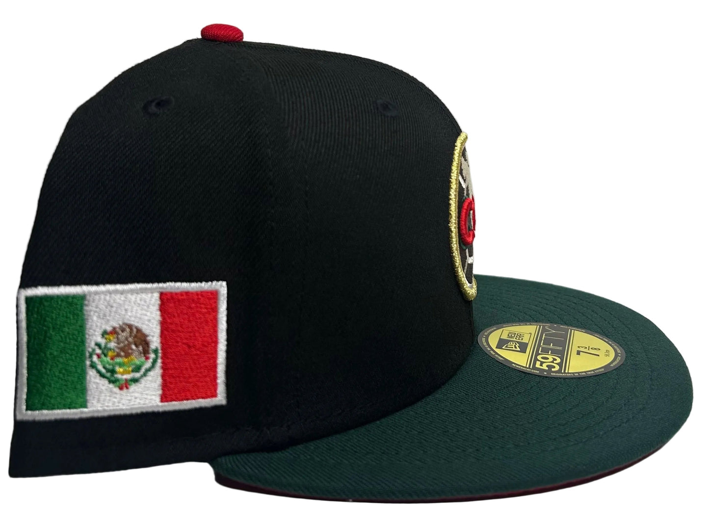 New Era 59Fifty fitted hat featuring a black crown and forest green visor, specifically styled for Club America with a Mexico flag patch on the side.