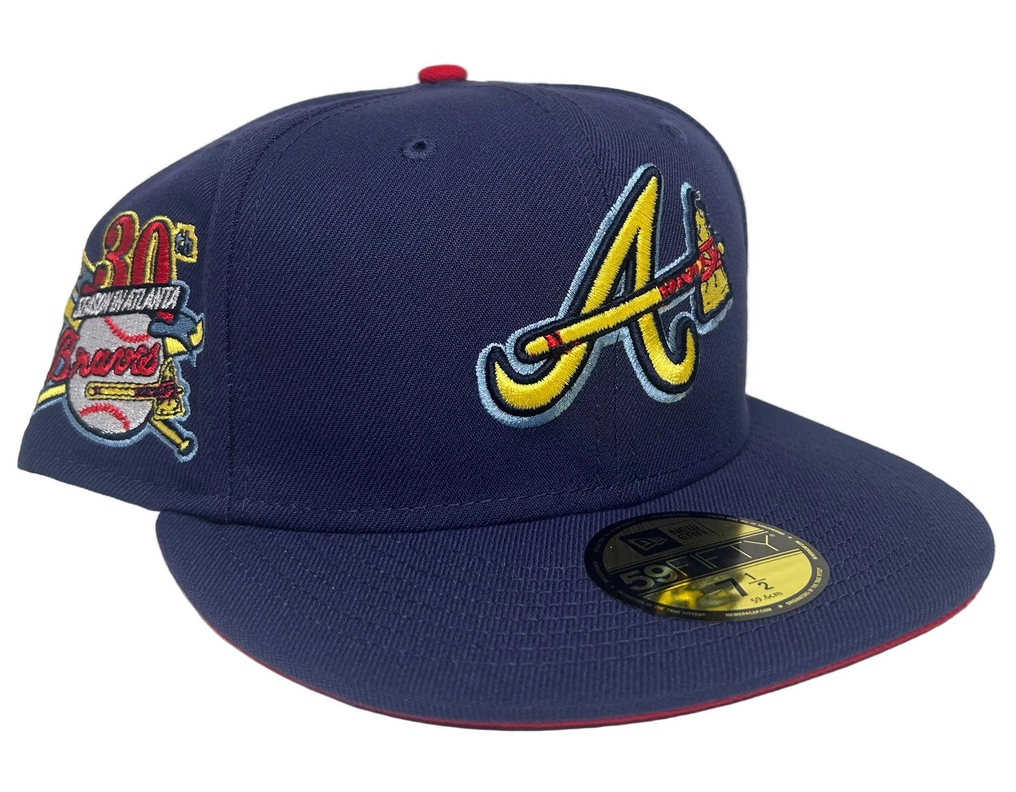 New Era Atlanta Braves “All The Right”  59FIFTY fitted hat featuring a yellow and light blue embroidered "A" logo and a 30th Season side patch.