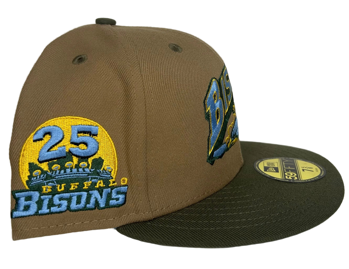 New Era Buffalo Bisons Lamar Valley collection fitted hat features a khaki crown and an olive green visor.