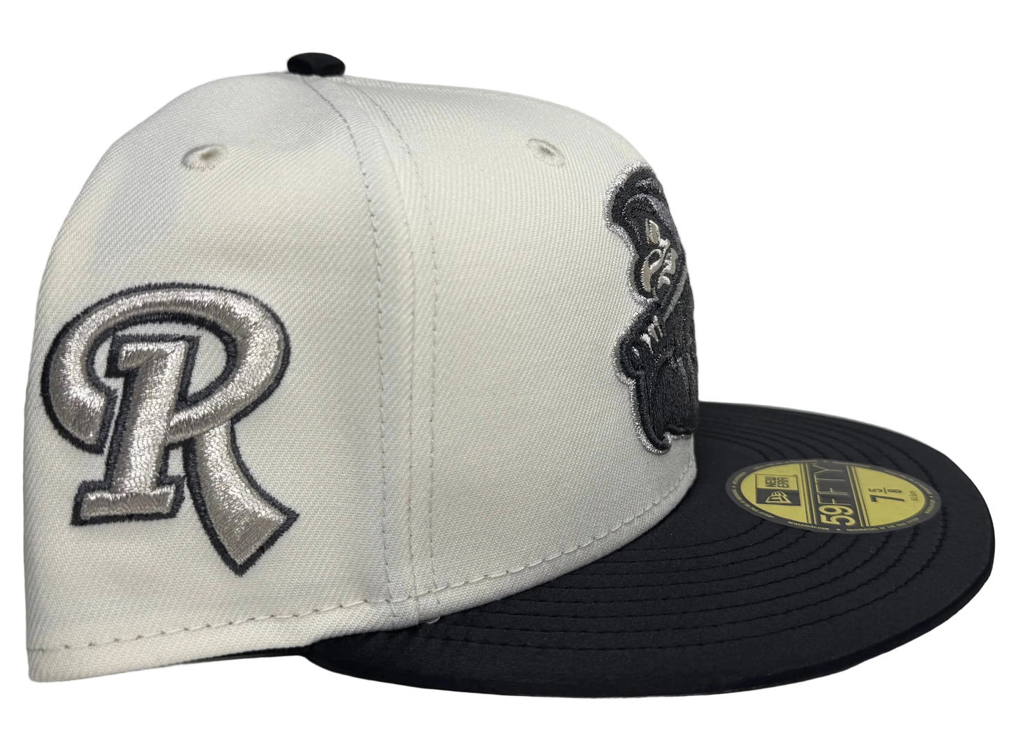 New Era Rochester Red Wings Reaper Chrome Satin Brim Two Tone Edition 59Fifty Fitted Hat features a distinctive satin brim and a "Grim Reaper" logo.