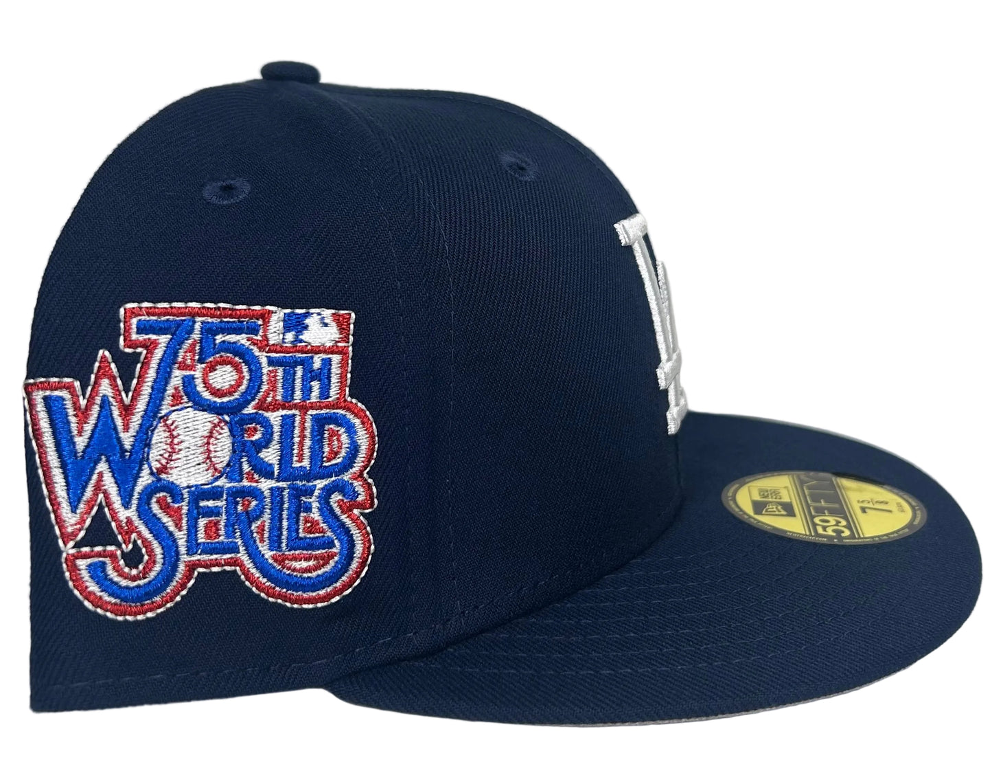 New Era 59FIFTY Los Angeles Dodgers fitted cap in navy blue with a 75th World Series side patch.