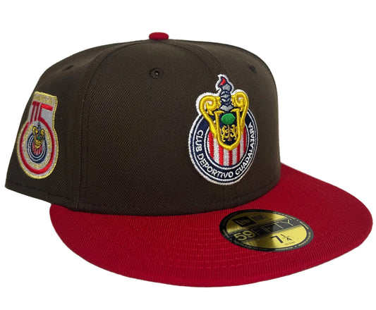 New Era 59FIFTY Chivas de Guadalajara mocha and red fitted cap featuring a Liga Mexico 115th-anniversary patch.