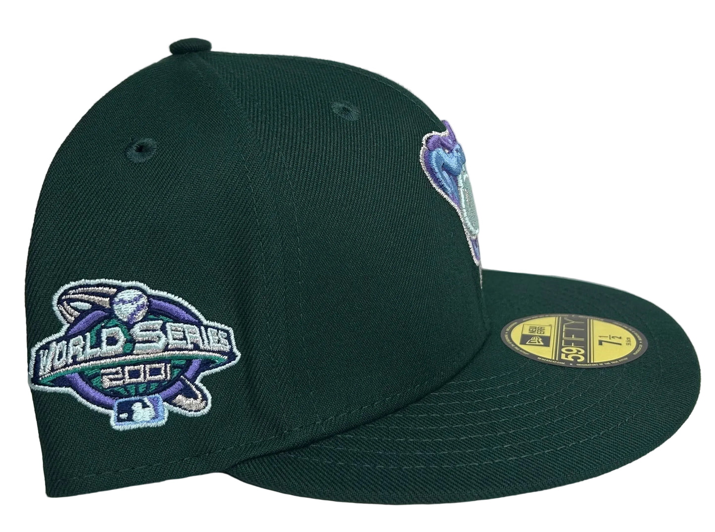 New Era Arizona Diamondbacks "Green Icy" 59FIFTY fitted hat features a dark green crown and visor with a vibrant snake logo and a 2001 World Series side patch.