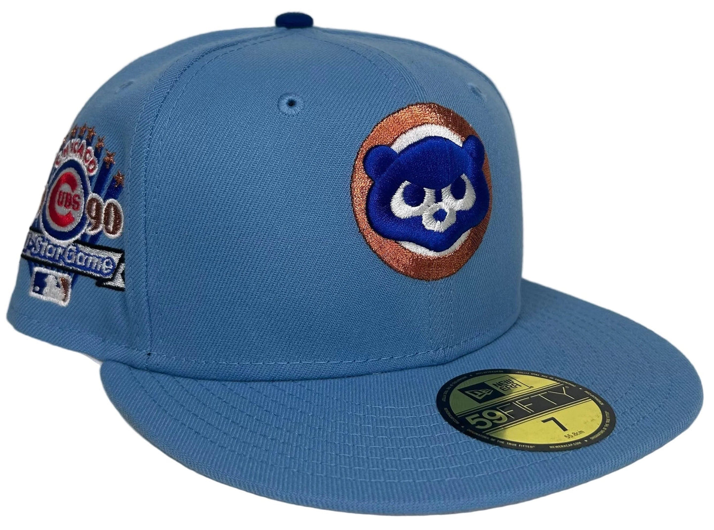 Chicago Cubs “Blastoise”New Era 59FIFTY fitted hat features a distinctive sky blue color with a copper-accented bear logo and a 1990 All-Star Game side patch.